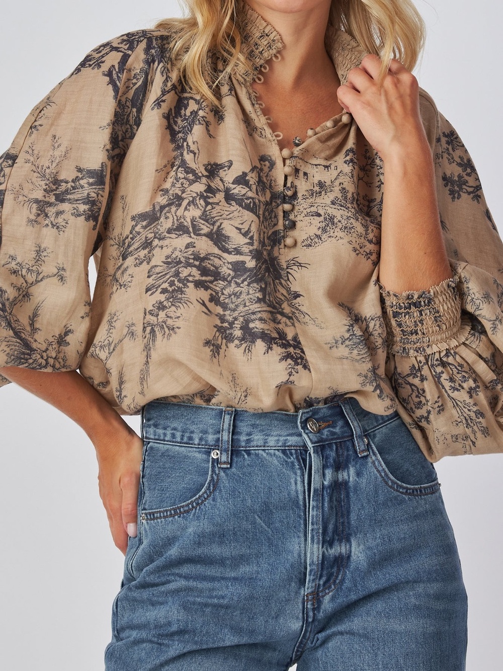 Ynakim Esther Toile Print Ramie Blouse Beige Navy| Size M